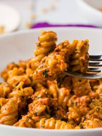 Close Up Of Roasted Red Pepper Pesto Pasta